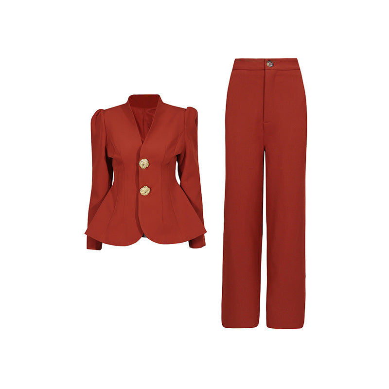 Retro Puff Sleeve Suit Two-Piece Set For Women