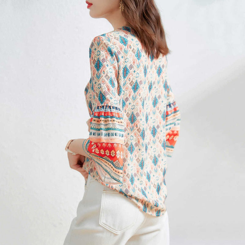 V-neck Loose Flare Three-quarter Sleeve Blouse Women's Top