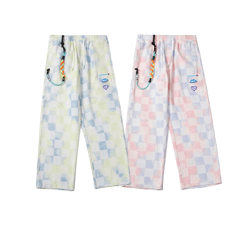 Tie-dye Plaid Straight-leg Pants Men's Trendy Brand Street Loose Wide-leg Casual Daddy Pants