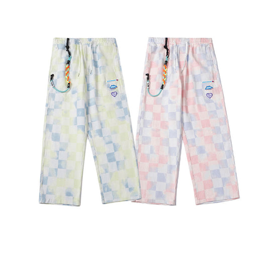 Tie-dye Plaid Straight-leg Pants Men's Trendy Brand Street Loose Wide-leg Casual Daddy Pants