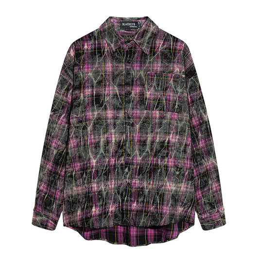 Tie-dyed Distressed Plaid Long-sleeved Shirt For Men