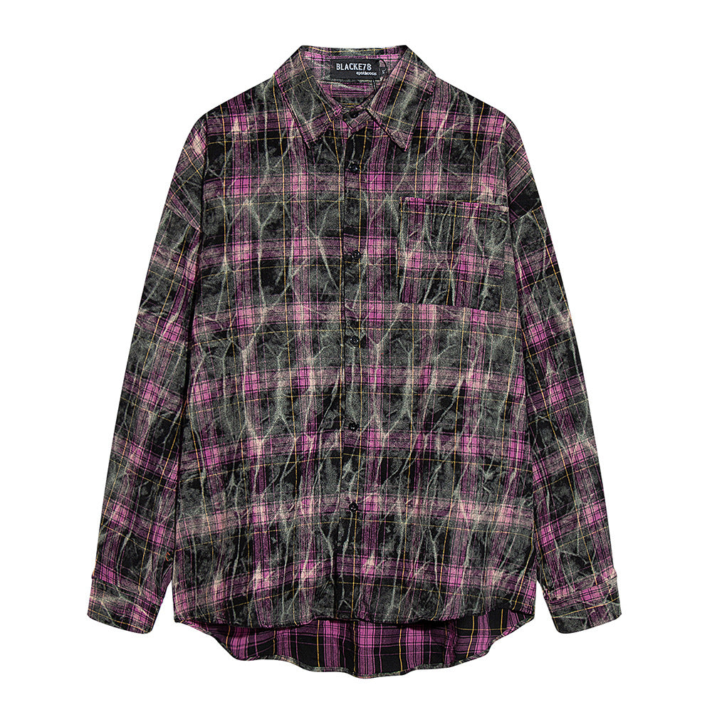 Tie-dyed Distressed Plaid Long-sleeved Shirt For Men