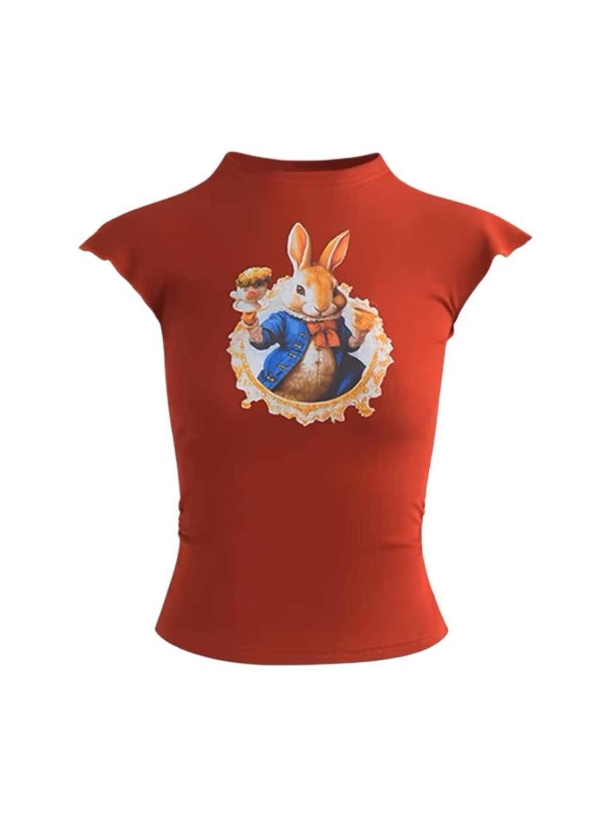 Red Half Turtleneck Rabbit Printed Vest T-shirt