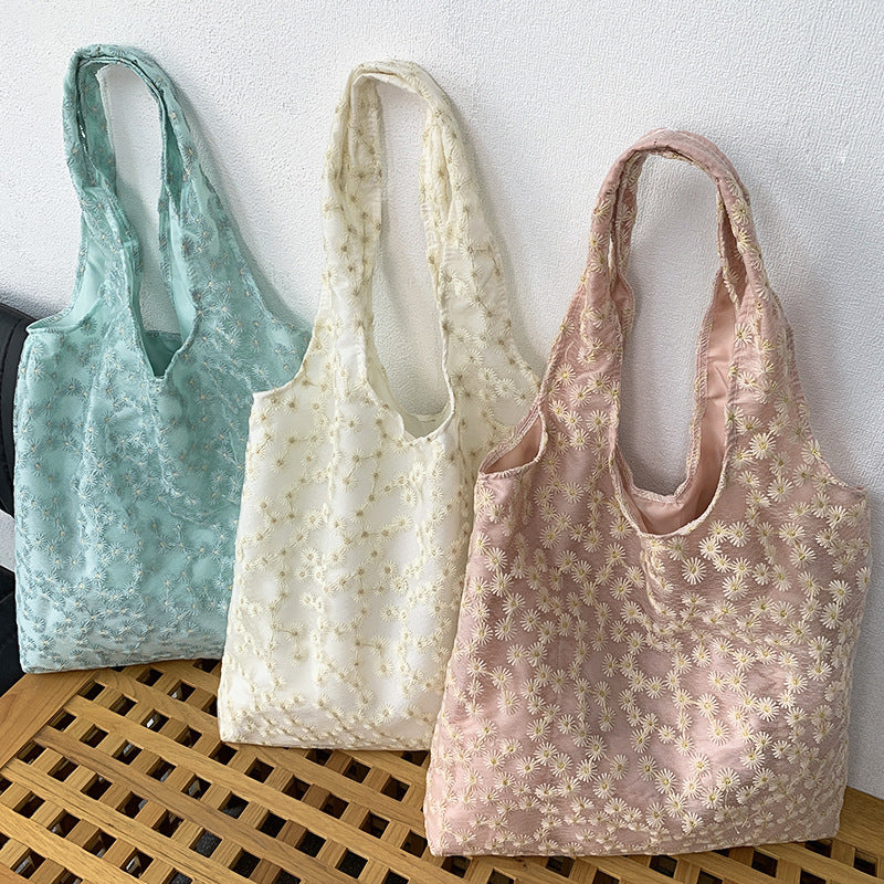 Embroidery Canvas Minimalism Flower Laced One-shoulder Bag