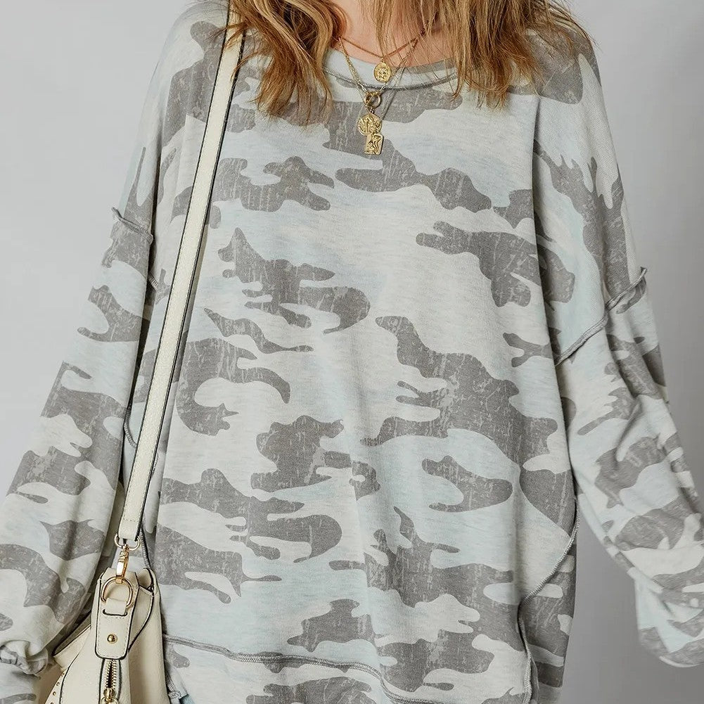 Multicolour Retro Camouflage Print Exposed Seam Patchwork Drop Shoulder Sweatshirt