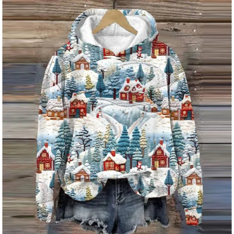 Print Christmas Holiday Casual Hooded Sweater