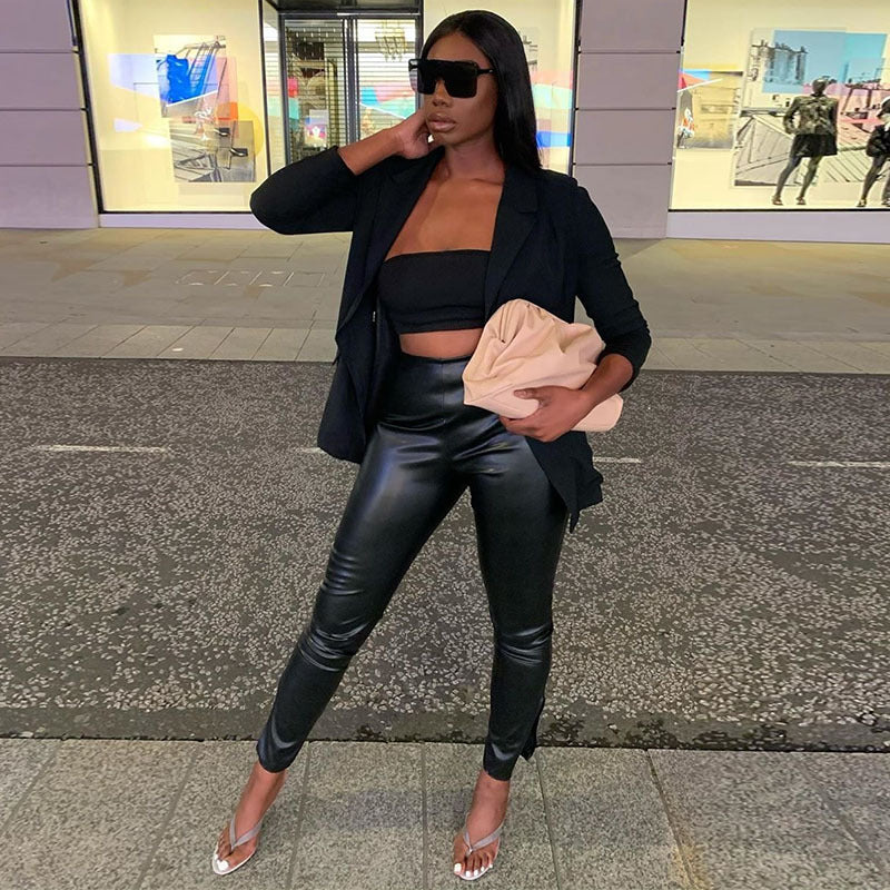 Split High Waist Skinny Casual PU Leather Trousers