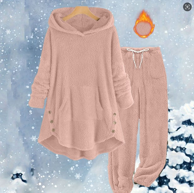 New AutumnWinter European And American-style Casual Womens Solid-color Plush Hooded Long-sleeve Pants