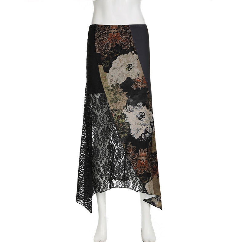 Retro Ethnic Style Personalized Printing Stitching Asymmetric Skirt