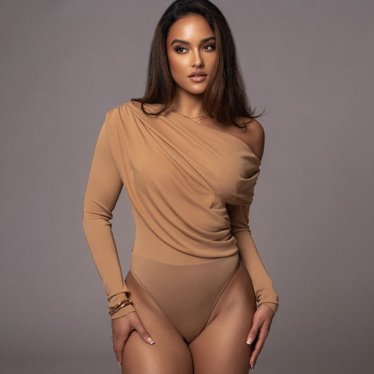 Off-shoulder Diagonal Udskæring Figursyet Langærmet Flæse Bodysuit