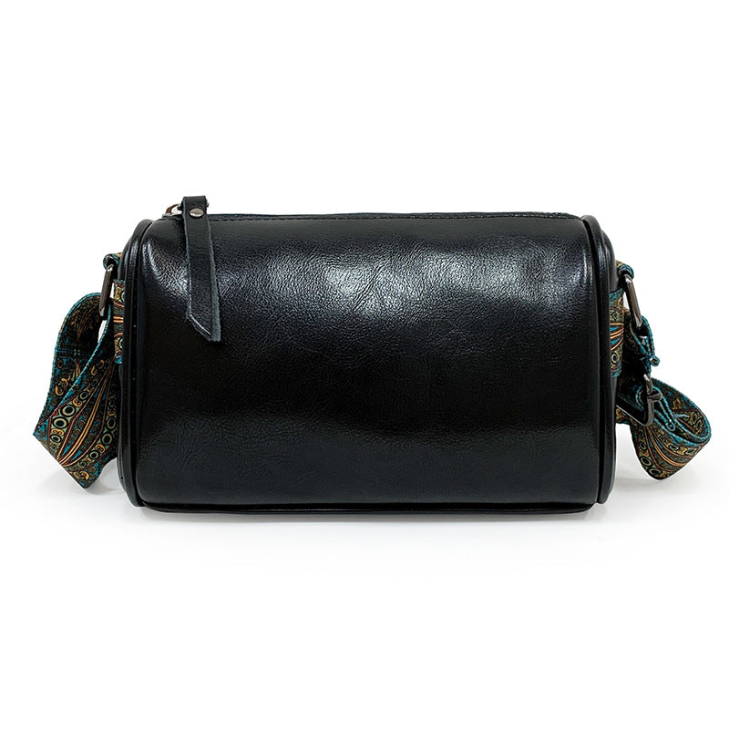 New Leather Oil Wax Cowhide Embroidered Wide Shoulder Pillow Bag