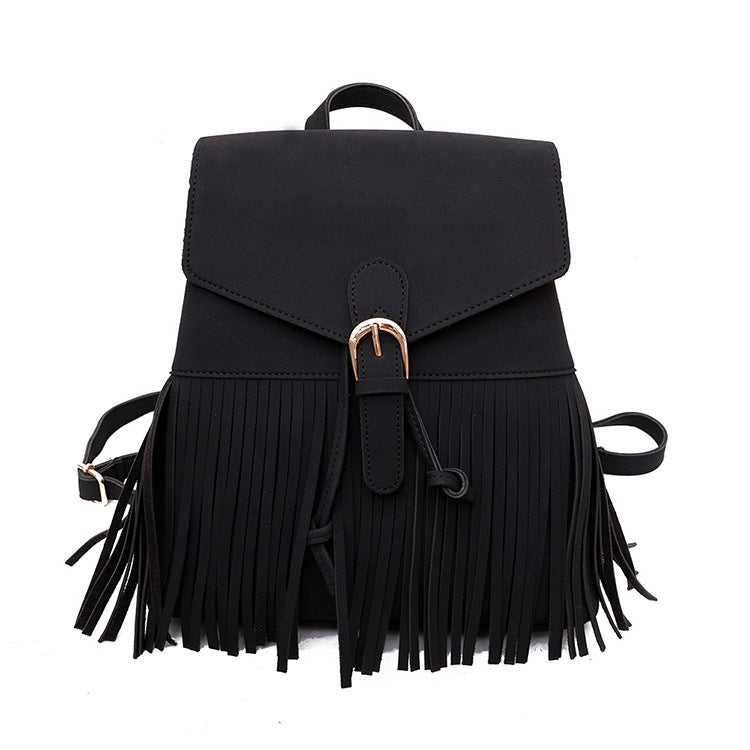 Frosted Women's Tassel Backpack Bundle Mouth Solid Color