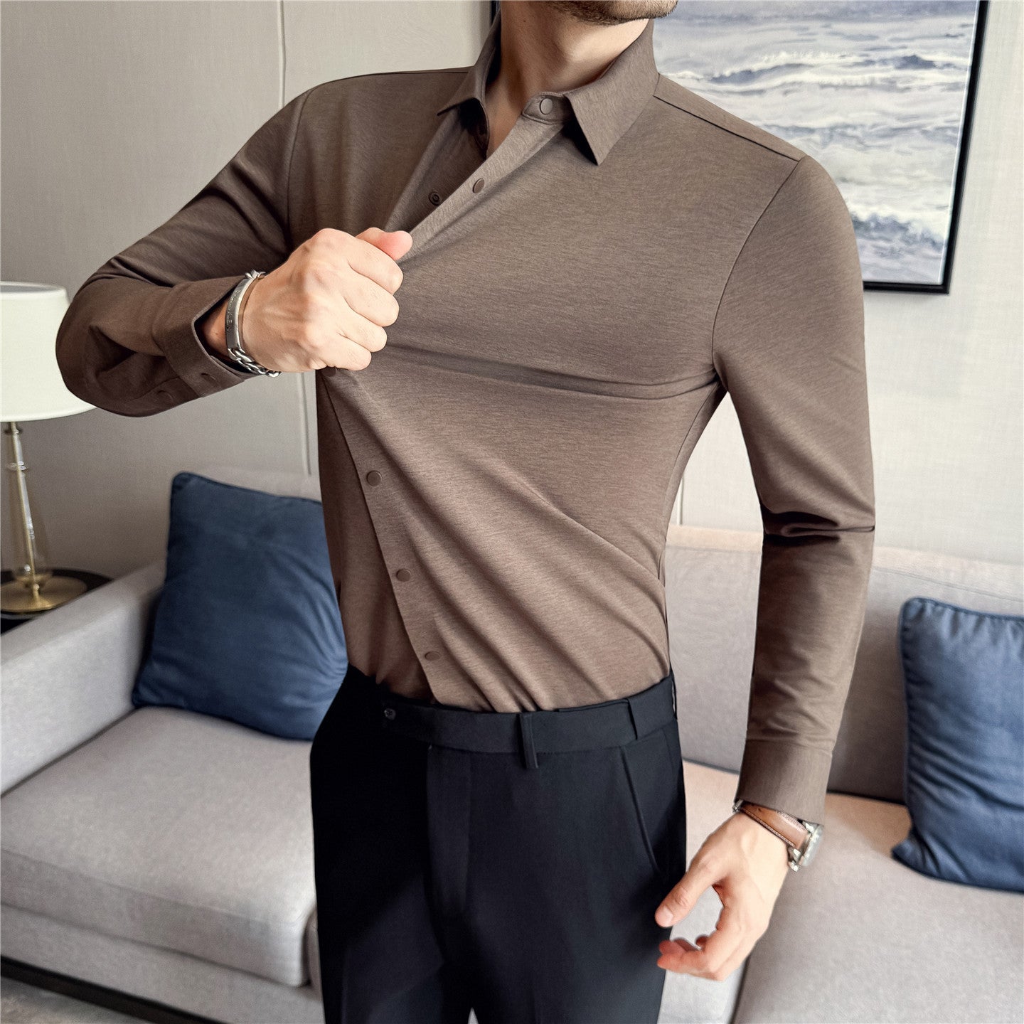 Thickened Mens Seamless Stretch Four-Button Shirt