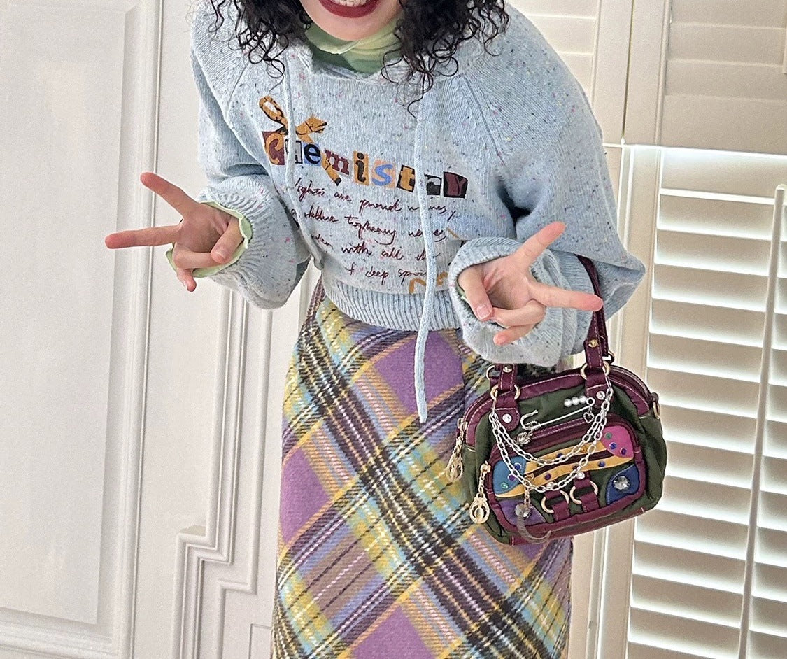 Retro Hooded Short Raglan Sleeve Coat Age-reducing Hand-painted Printed Sweater