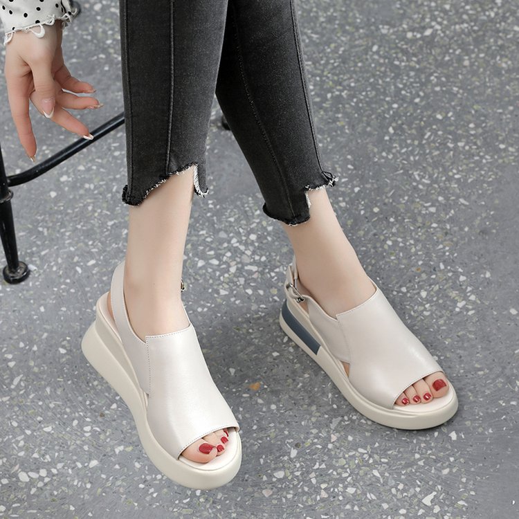 Buckle High Heel Soft Leather Soft Sole Platform Fish Mouth Sandals