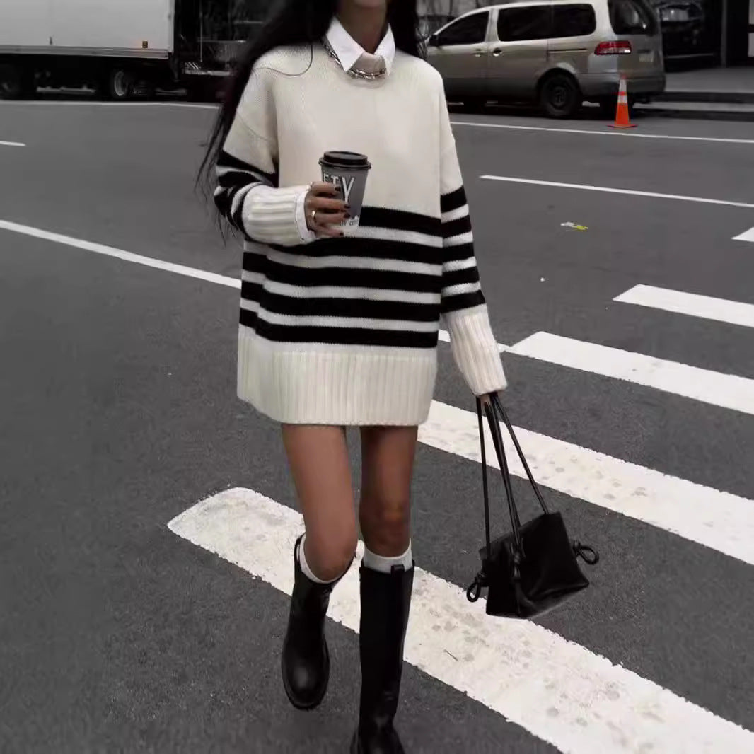 Women's Black And White Striped Turtleneck Sweater Mid-length Sweater