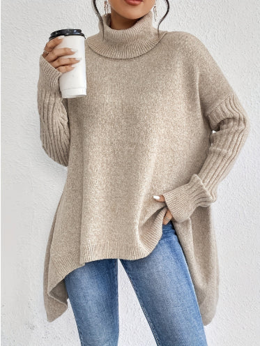 Uregelmæssig rullekrave-sweater Vinter løs langærmet striktoppe Fritids varm pullover-sweater Dametøj