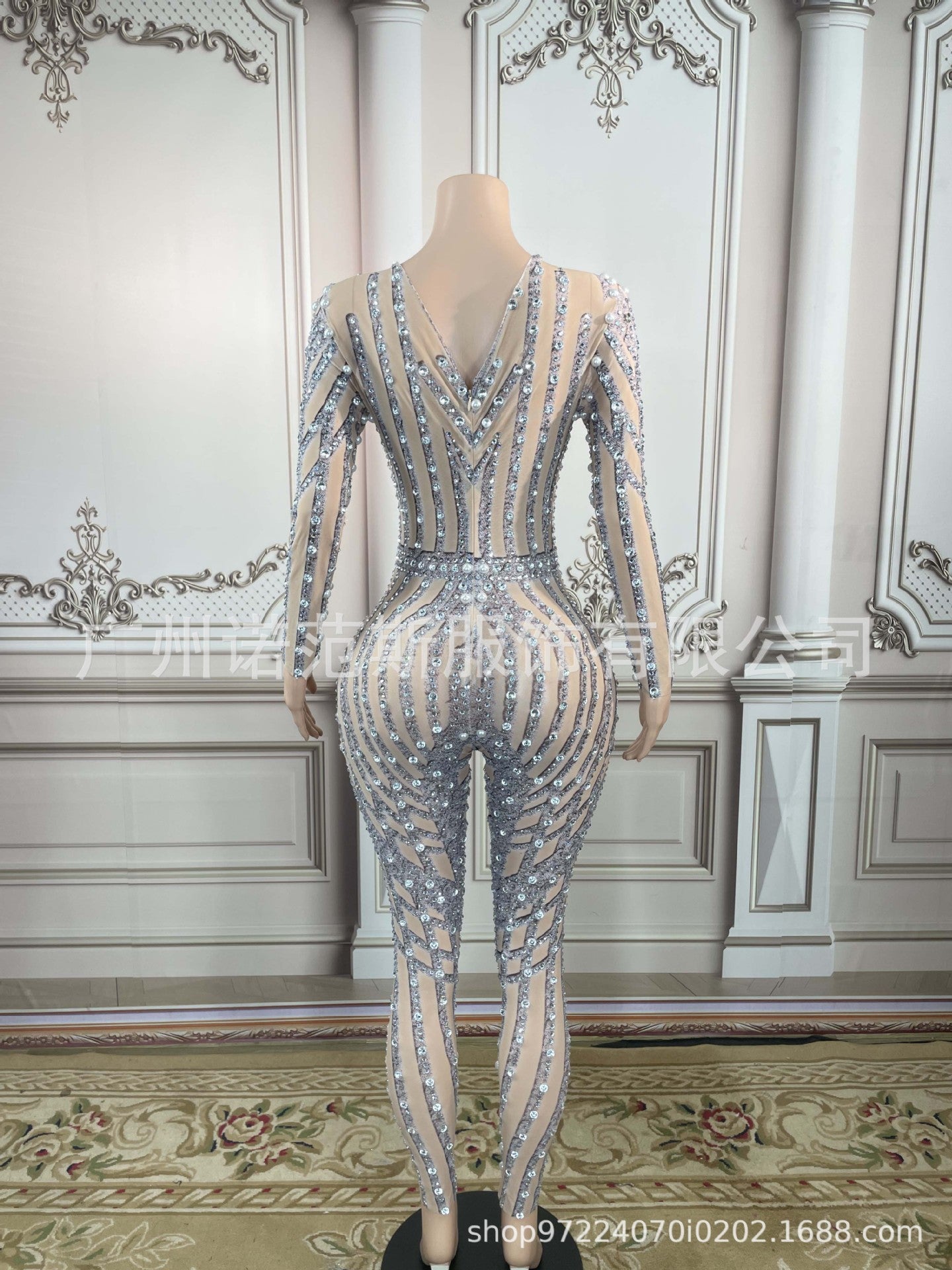 Mesh See-through Rhinestone Tight Casual Jumpsuit