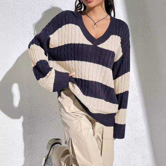 Contrast Color V-neck Loose-fitting Long Sleeve Sweater Women