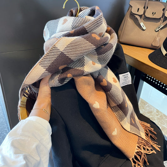 Cashmere-like Love Plaid Scarf Thickened Warm Shawl
