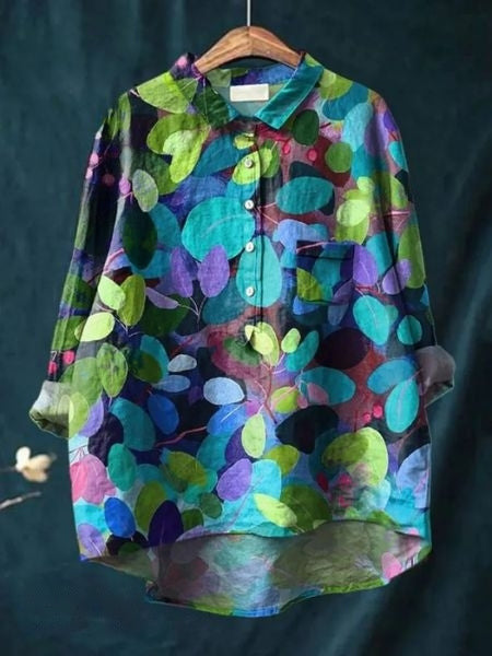 Womens Summer Loose-Fit Printed Lapel Casual European-Size Shirt