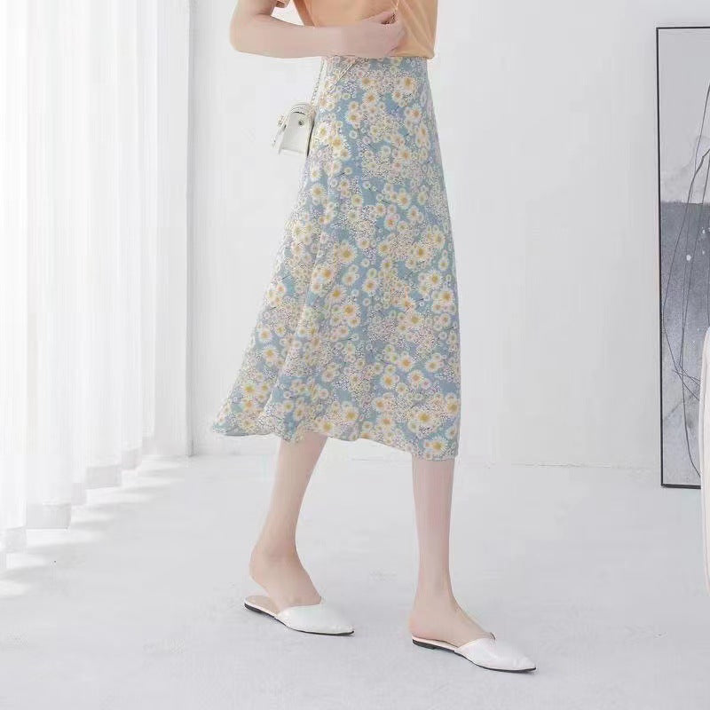 Floral Skirt High Waist Chiffon Printed Mid-length