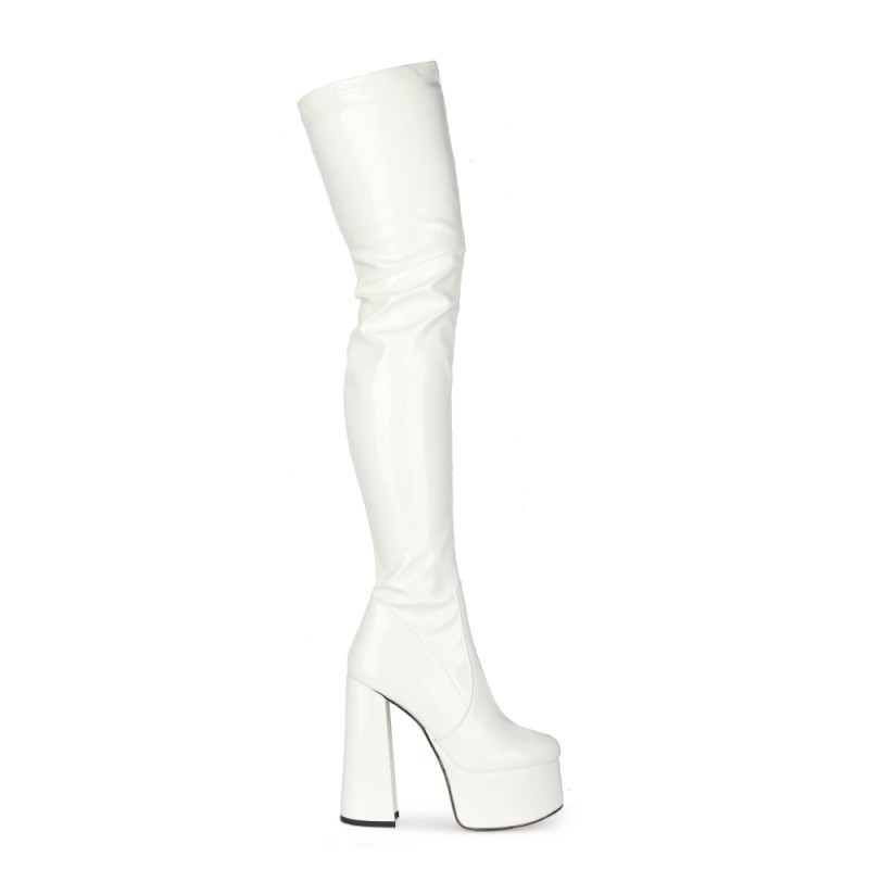 Womens Patent Leather Over-the-knee Booties With A Round Heel That Slim The Legs