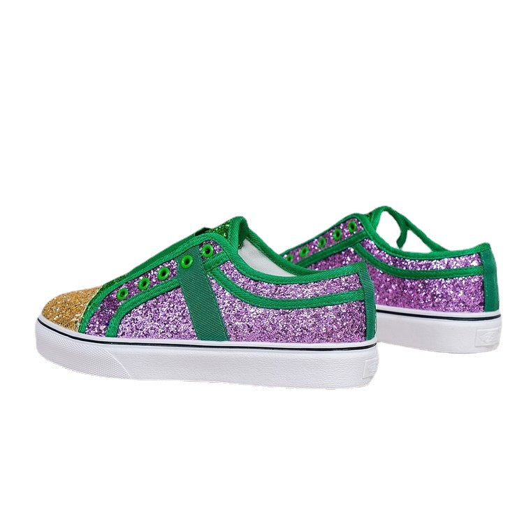 Cross-border Large Size Casual Flat Heel Low-top Color Matching Round Head Sequins Canvas Shoes