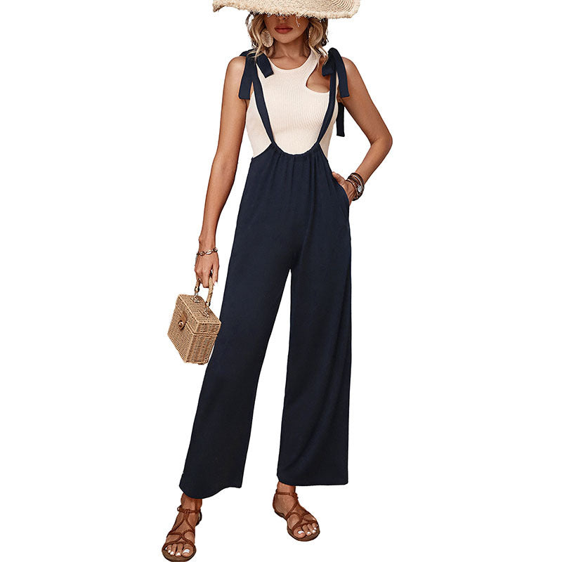 Simple Lace-Up High-Waist Solid-Color Wide-Leg Suspender Pants For Women