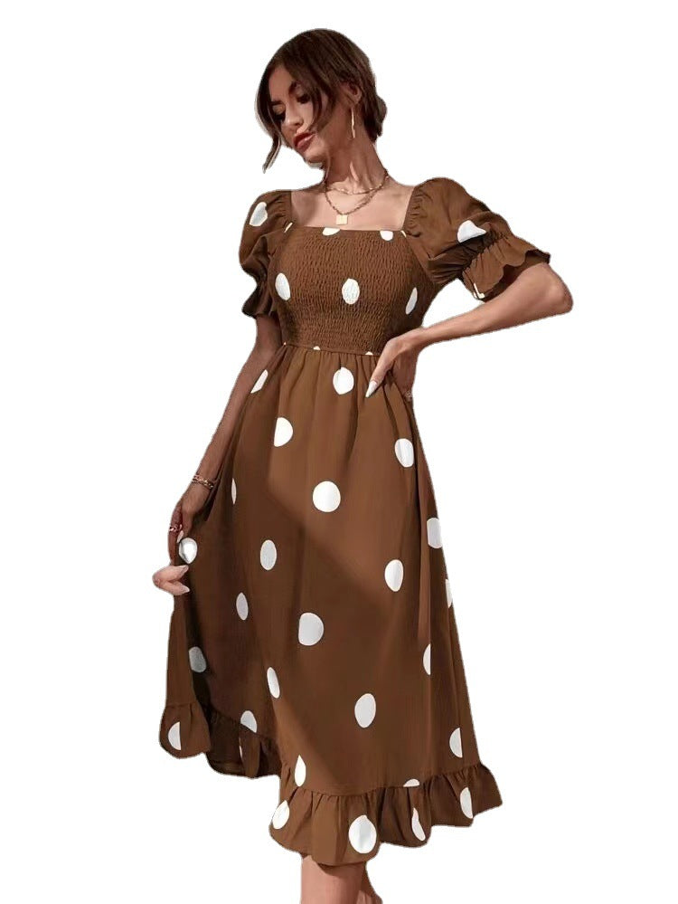 Big Round Dot Slim Fitting Sweet Ruffled Short Sleeved Dress