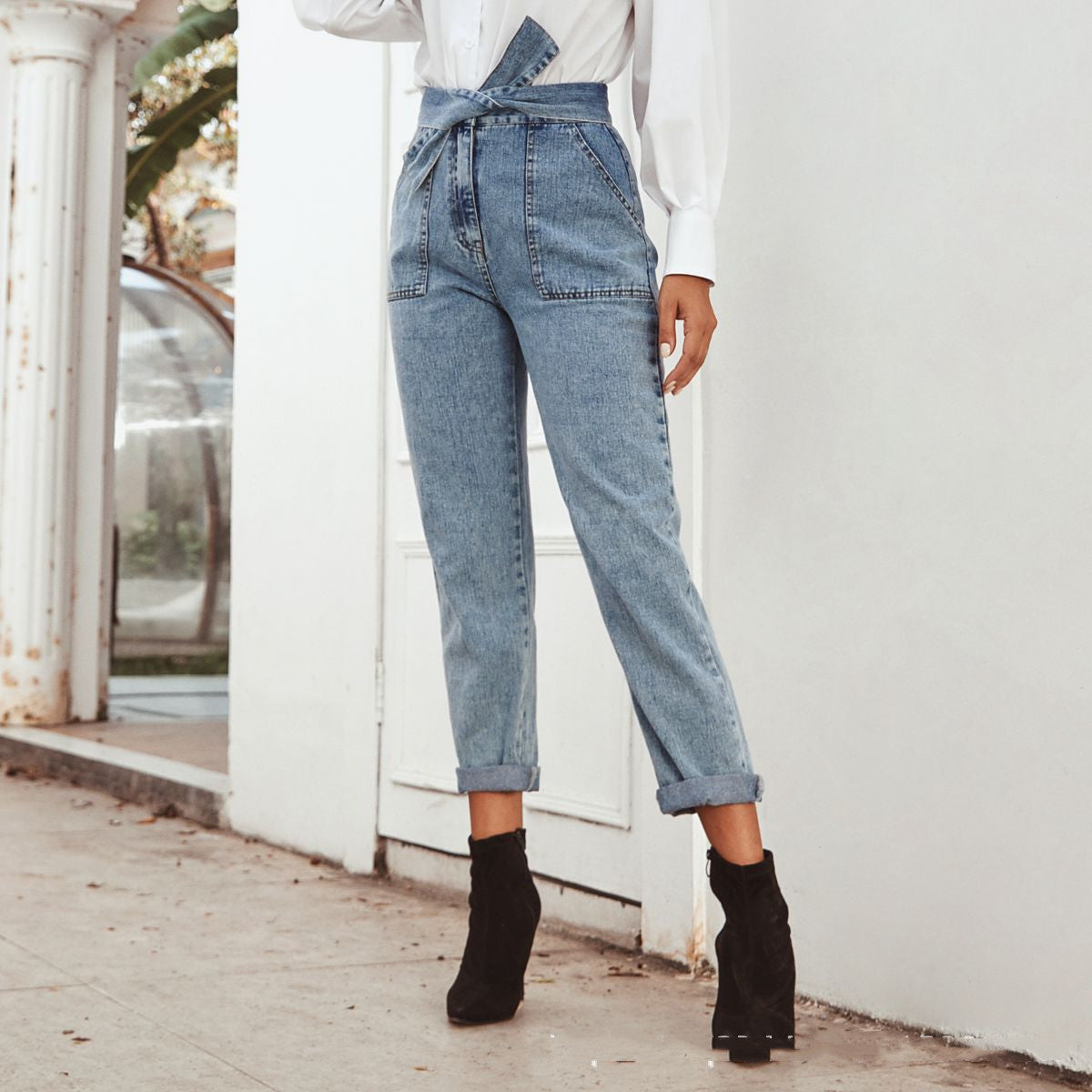 European And American Women's High Waist Stretch Slim Cropped Denim Pants
