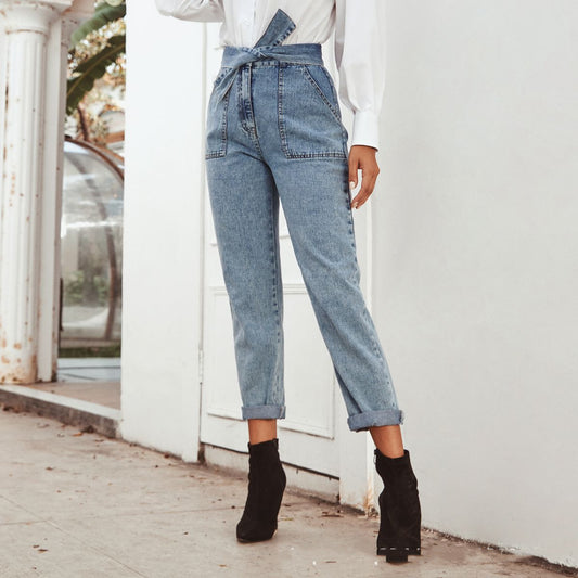 European And American Women's High Waist Stretch Slim Cropped Denim Pants