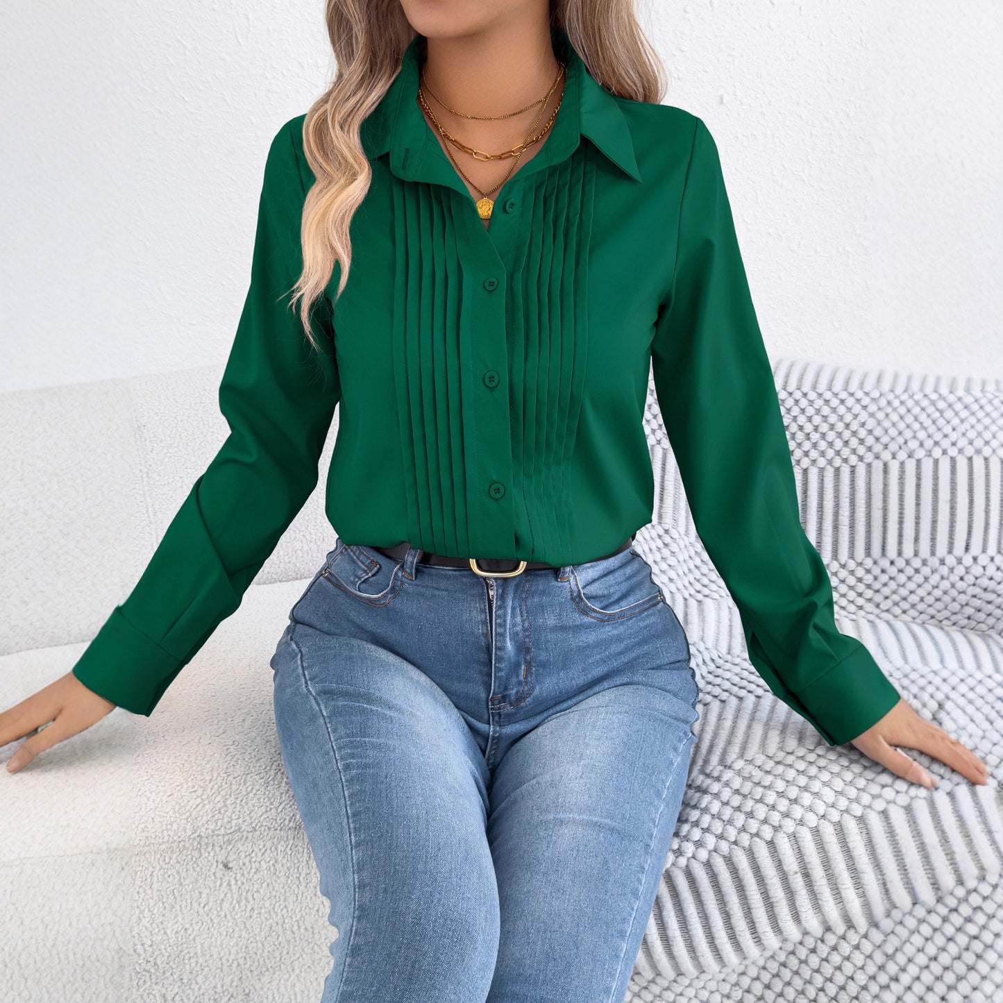 Pleated Solid-color Button-up Long-sleeve Business Shirt