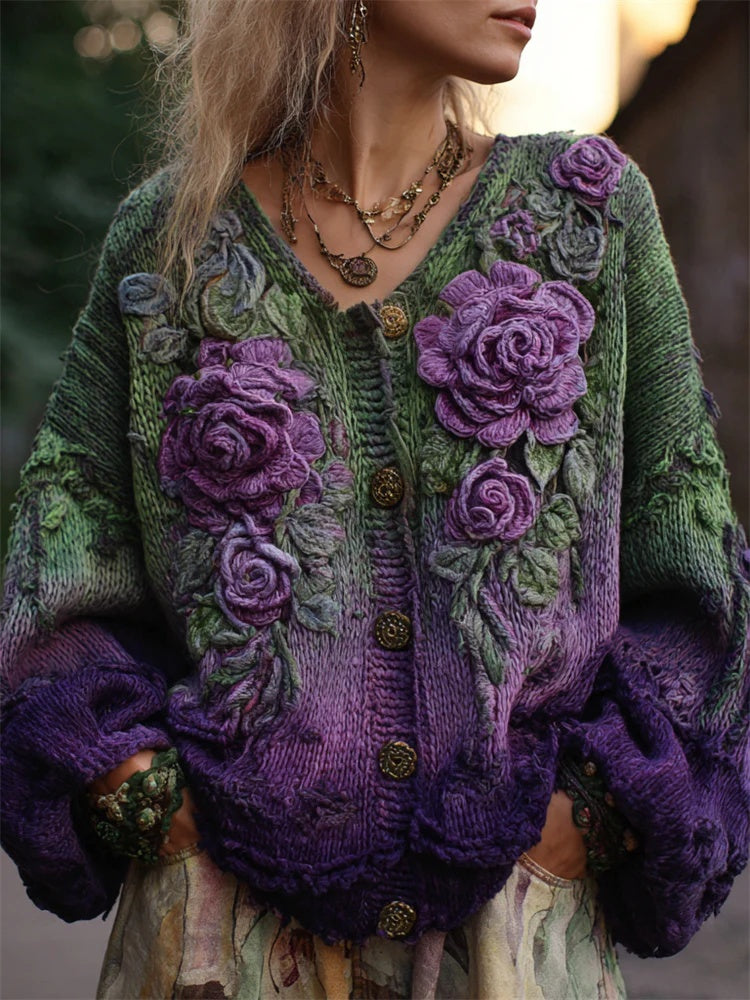 Vintage Purple Roses Boho Lace Patchwork Linen Blouses