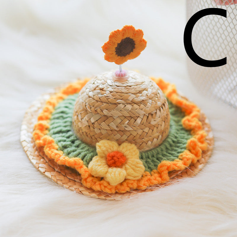 Pet Cute Knitted Straw Hat Flower Hat Cat Dog Photo Props