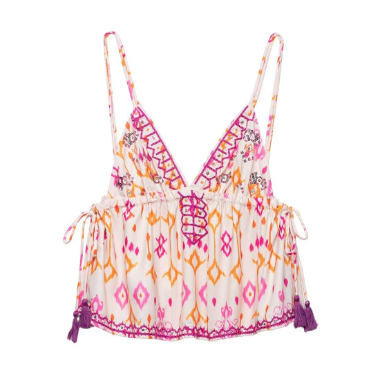 V-neck Brace Sequin Embroidery Decoration Spaghetti-strap Camisole Top