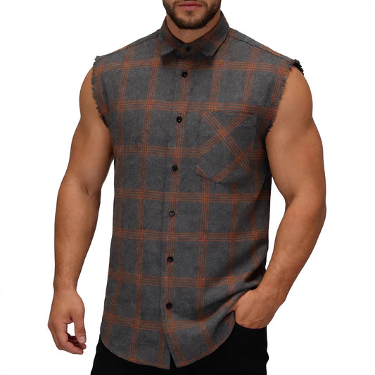 Men's Retro Plus-Size Plaid Sleeveless Lapel Shirt