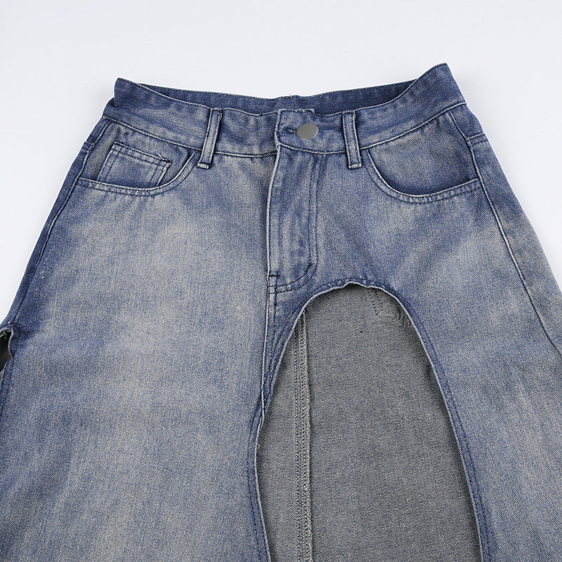 Irregular Slit A- Line Denim Skirt