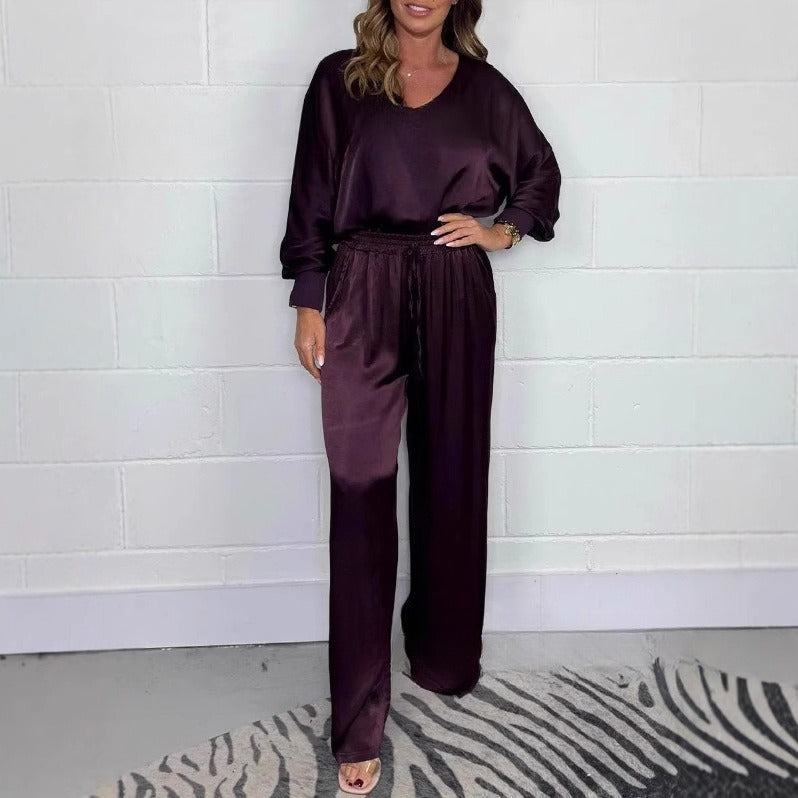 Fashion Women's Wear V-neck Long Sleeve Top Wide Leg Pants Suit
