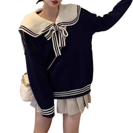 Loose And Lazy Style Contrast Sweet Navy Collar Sweater Women