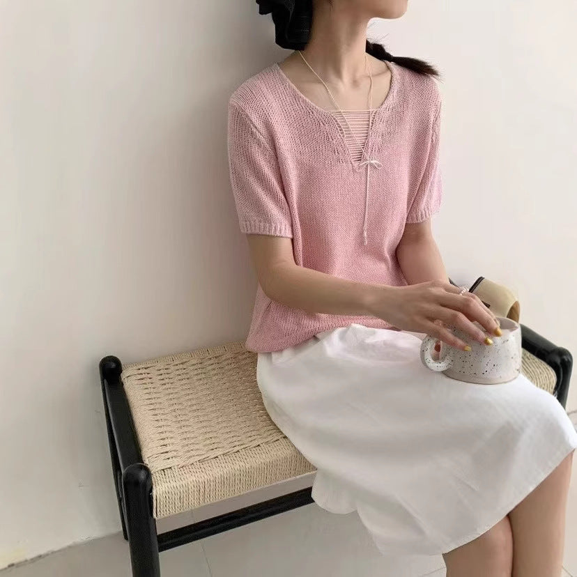 Fashionable Candy Color Gentle Hollow Out V-neck Short Sleeve
