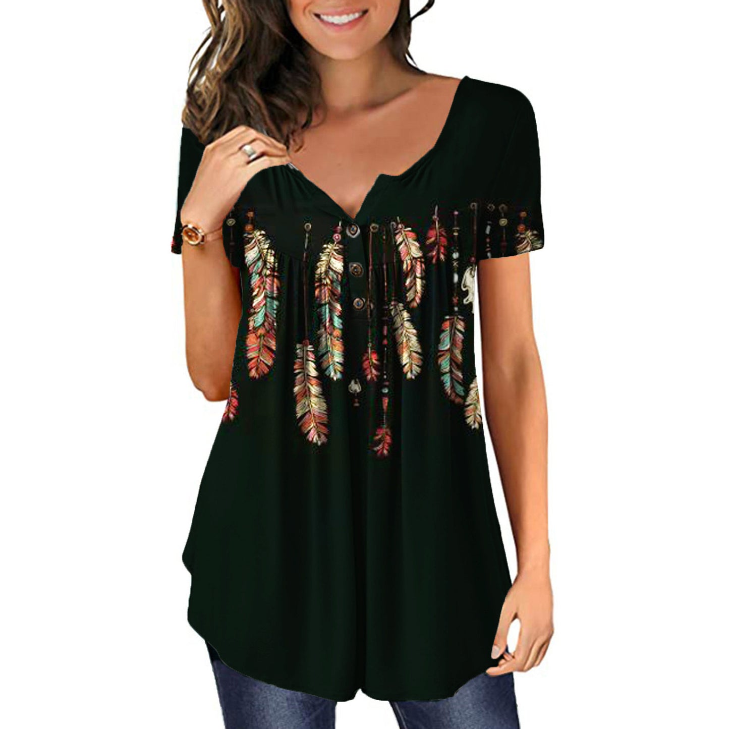 New Plus Size Printed Deep V Pullover Women's T-Shirt