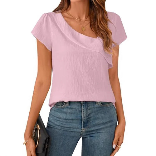 Solid Color Women's Clothing Diagonal Collar Short Sleeve T-shirt Top