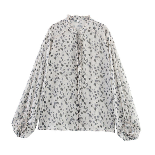 Women's Stylish Graceful Simple Long Sleeve Lace-up Polka Dots Shirt