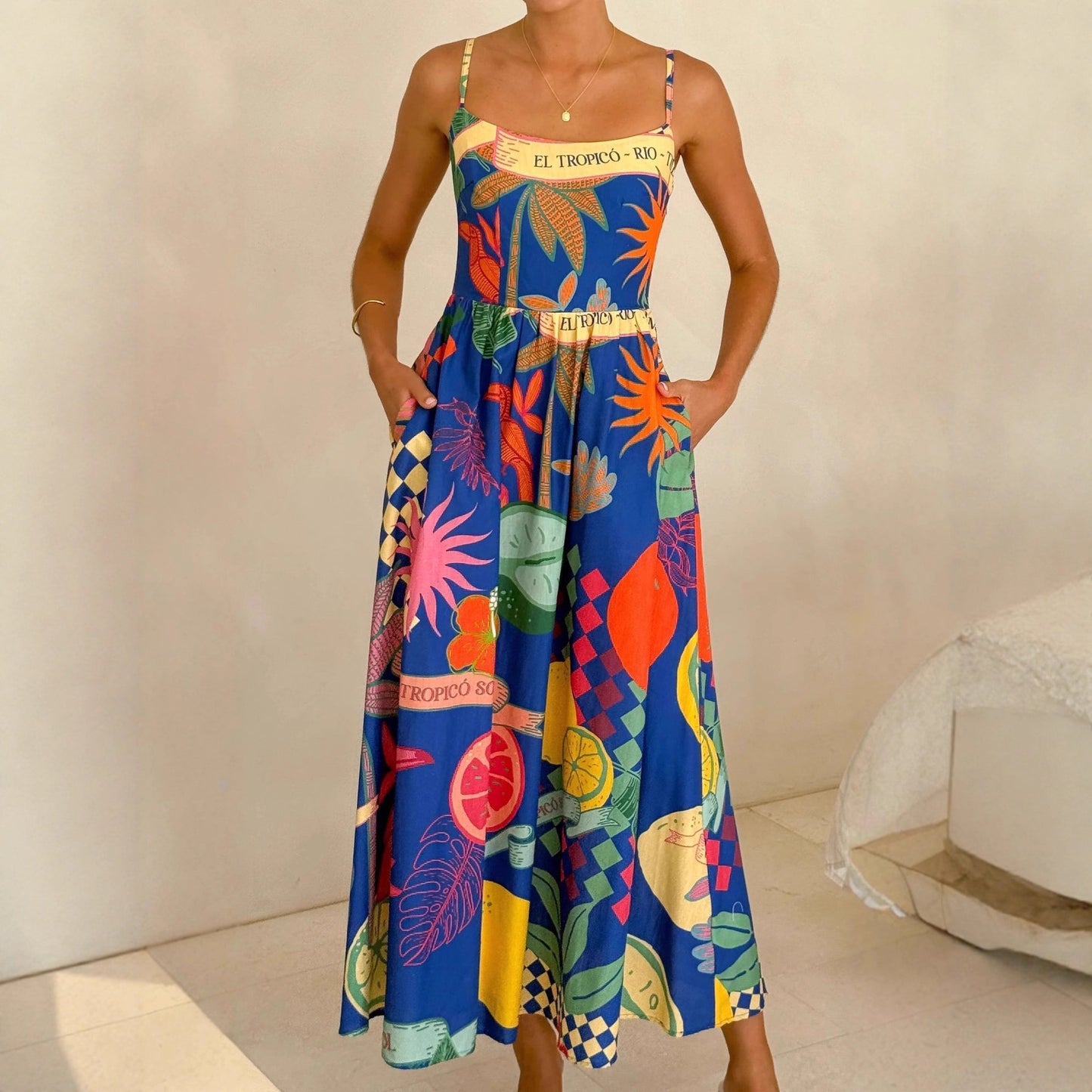 Casual Resort-style Linen Print Slip Dress