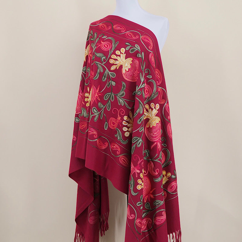 Contrast Color Pomegranate Leaf Embroidered Double-sided Shawl
