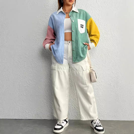 Corduroy Color Contrast Patchwork Loose Thin Versatile Casual Coat Cardigan Shirt