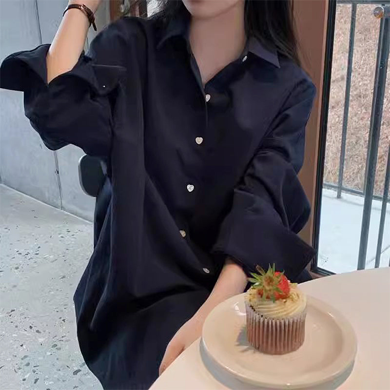 Polo Collar Single Row Button Loose Long Sleeve Long Shirt