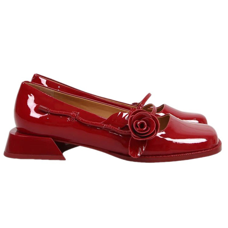 Women's Low Heel Square Toe Vintage Patent Leather Shoes