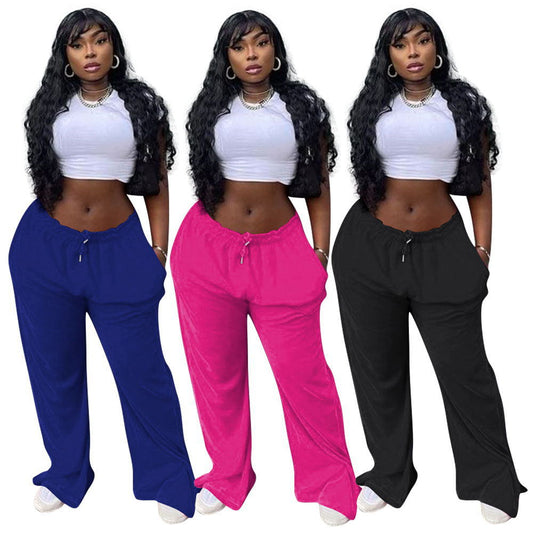 Women's Solid Color Casual Loose Slit Fashionable Wide Leg Pants